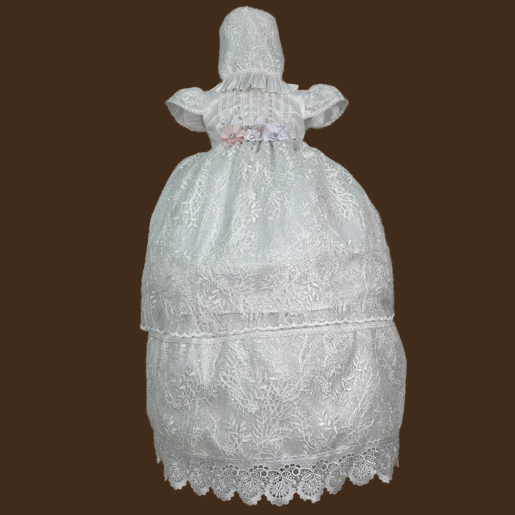 ropón de bautizo niña desmontable encaje floral pedrería pechera y guipiur scallop completo jb150m blanco