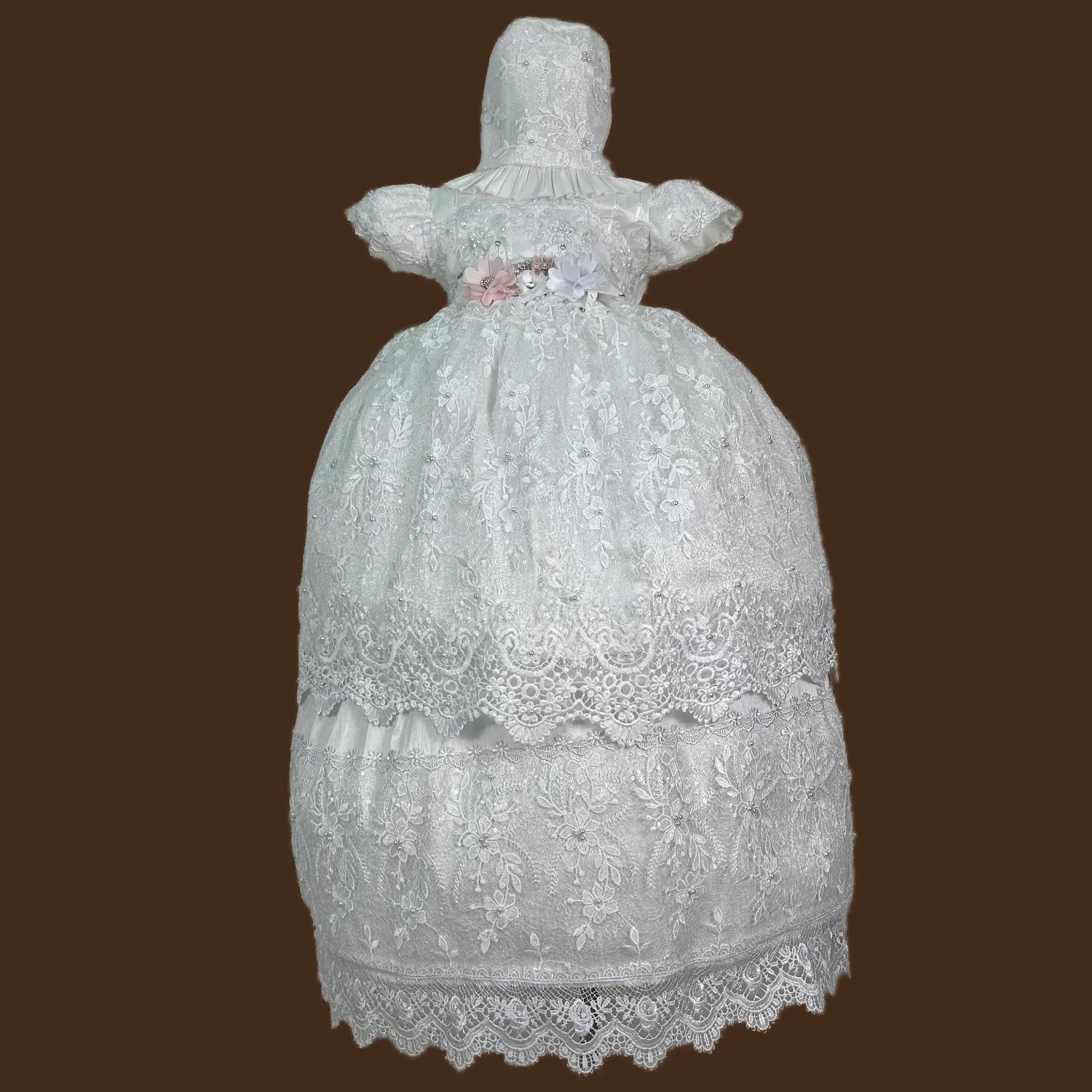 ropón de bautizo niña desmontable encaje bordado hojas pedrería artesanal guipiur grecas jb153m blanco