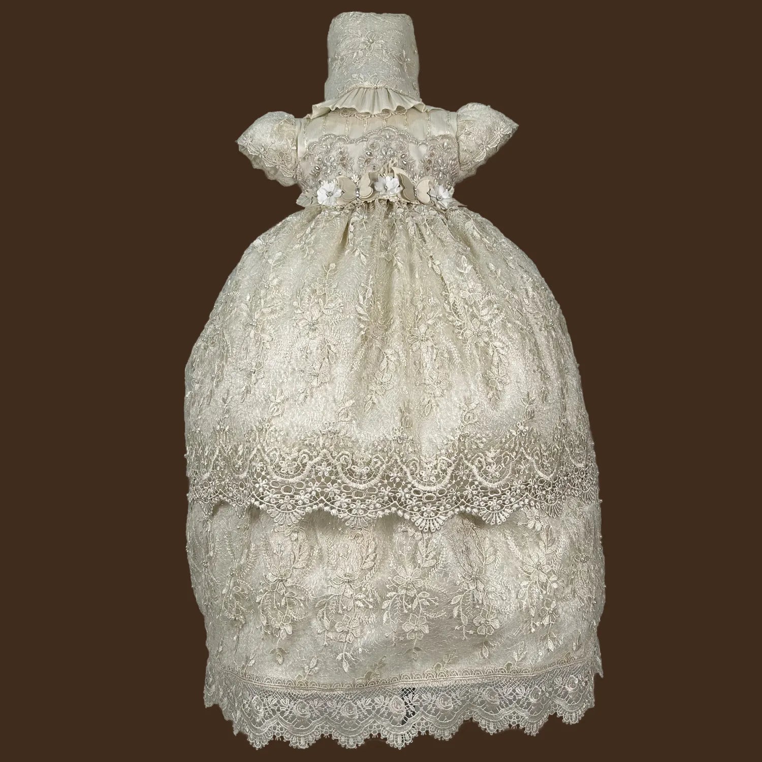 ropón de bautizo niña desmontable encaje bordado hojas pedrería artesanal guipiur grecas jb153m champagne