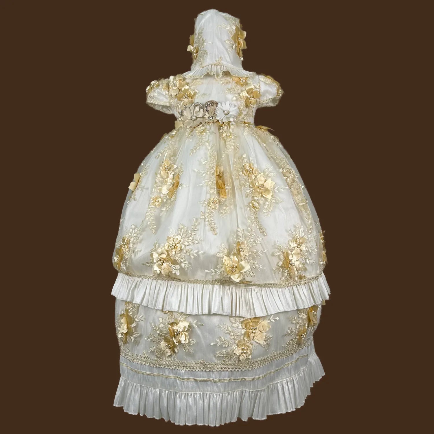 ropón de bautizo niña desmontable con tul bordado flores 3d y volantes escalonados conjunto completo jb067m champagne perla