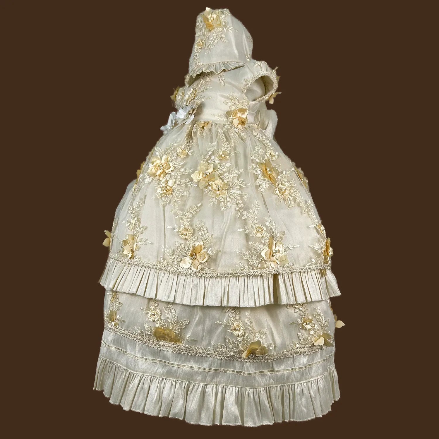 vista lateral ropón bautizo niña desmontable flores 3d tul bordado volumen artesanal jb067m