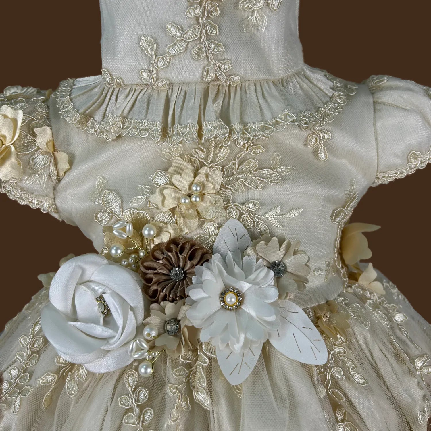 pechera ropón bautizo niña tul bordado con flores 3d shantung poliéster forrado jb067m