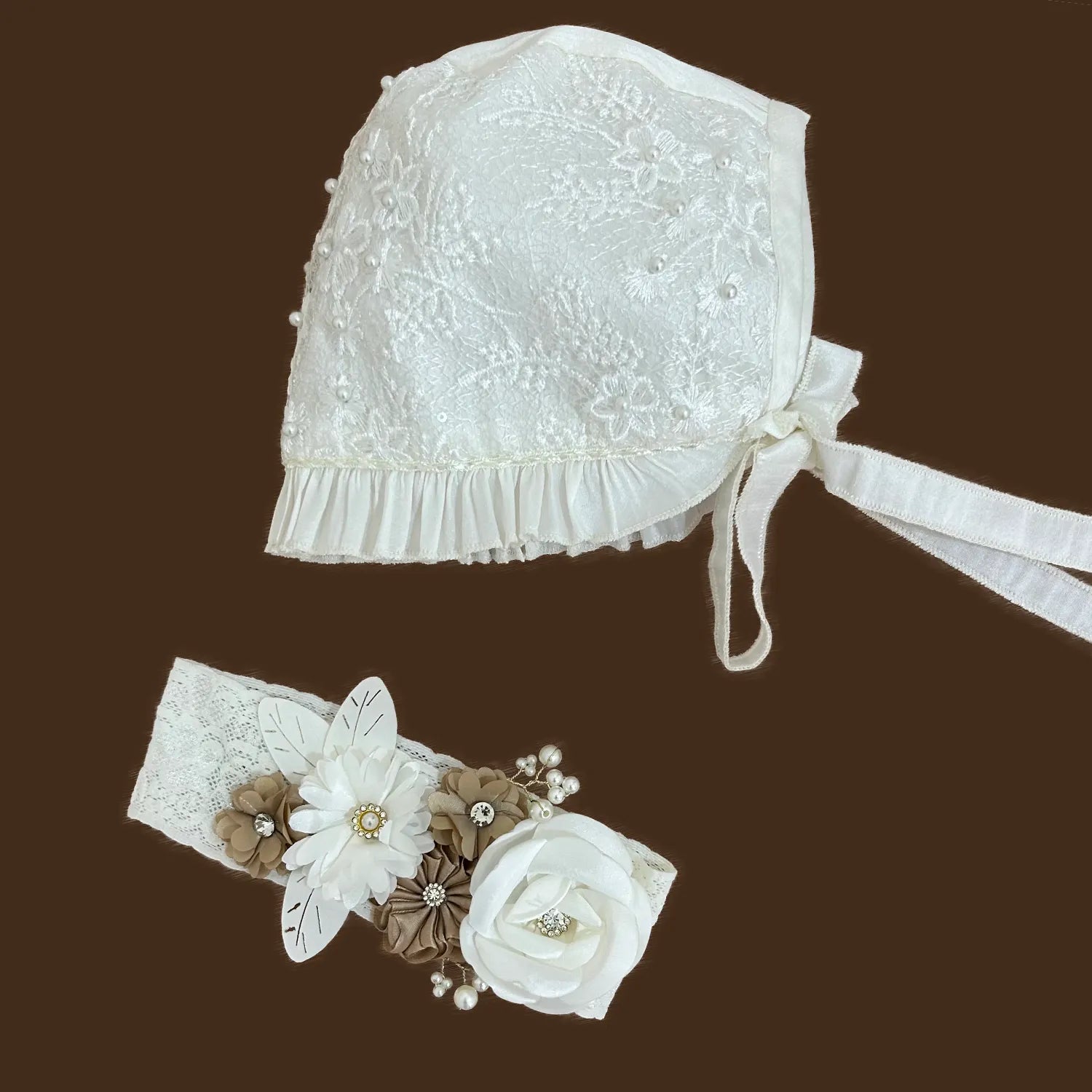 accesorios ropón bautizo niña gorro diadema adorno cintura perlas guipiur jb133m