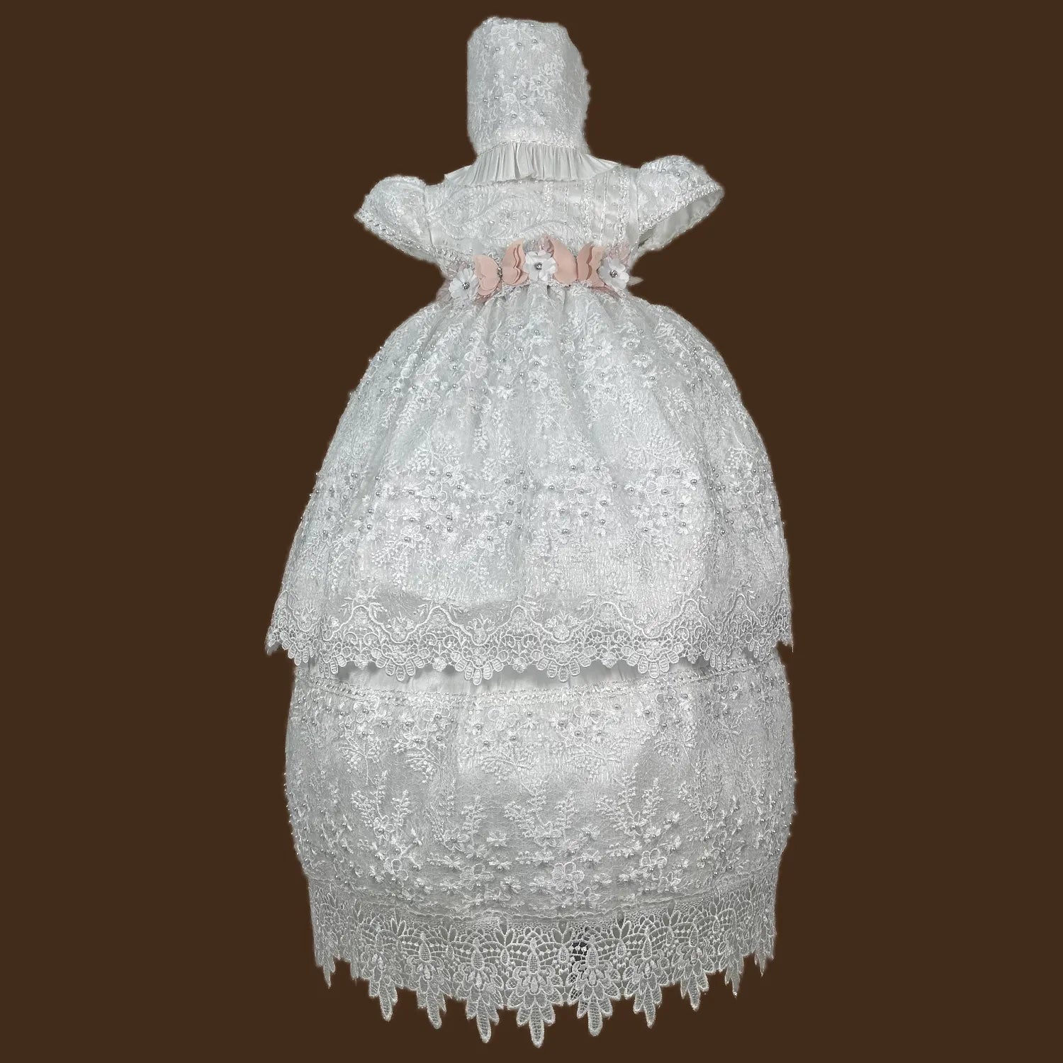 ropón de bautizo niña desmontable tul con perlas pechera bordada artesanal y guipiur jb133m blanco