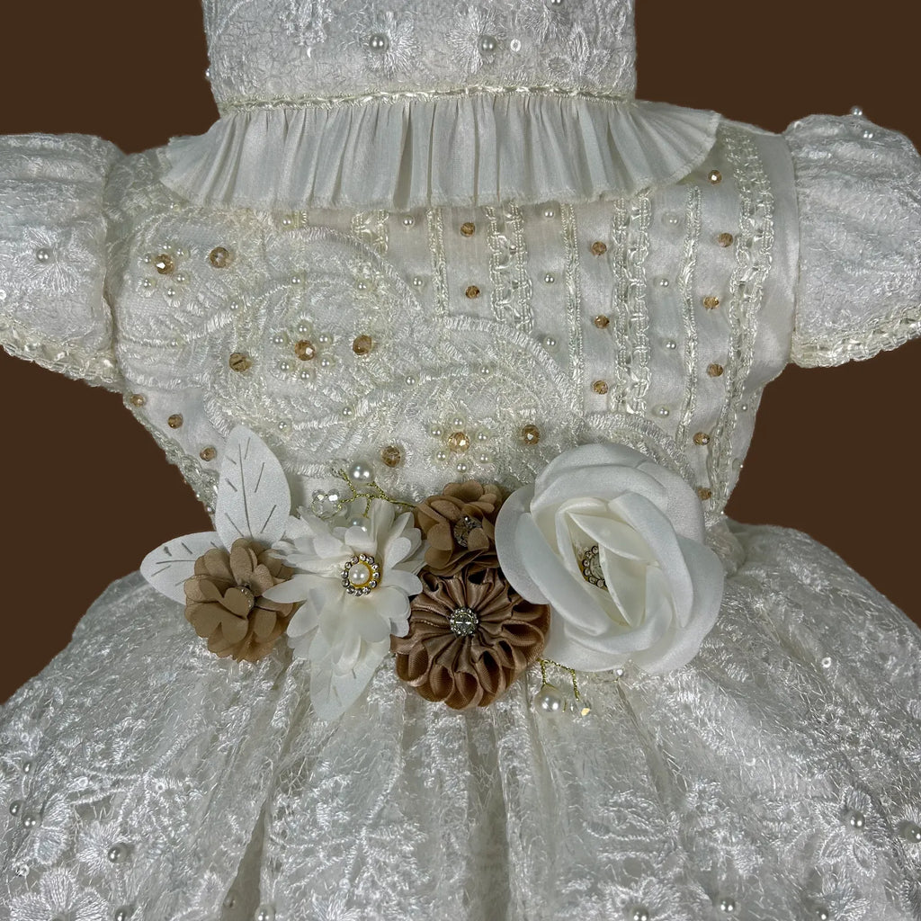 pechera bordada a mano ropón bautizo niña pedrería artesanal tul con perlas jb133m