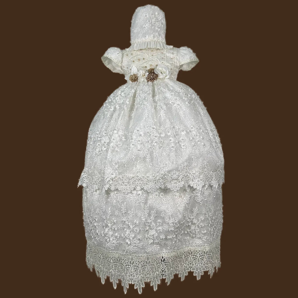 ropón de bautizo niña desmontable tul con perlas pechera bordada artesanal y guipiur jb133m perla