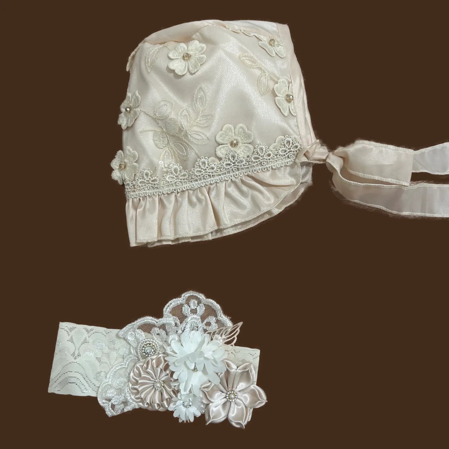 accesorios ropón bautizo niña gorro diadema adorno cintura tafeta guipiur jb128m