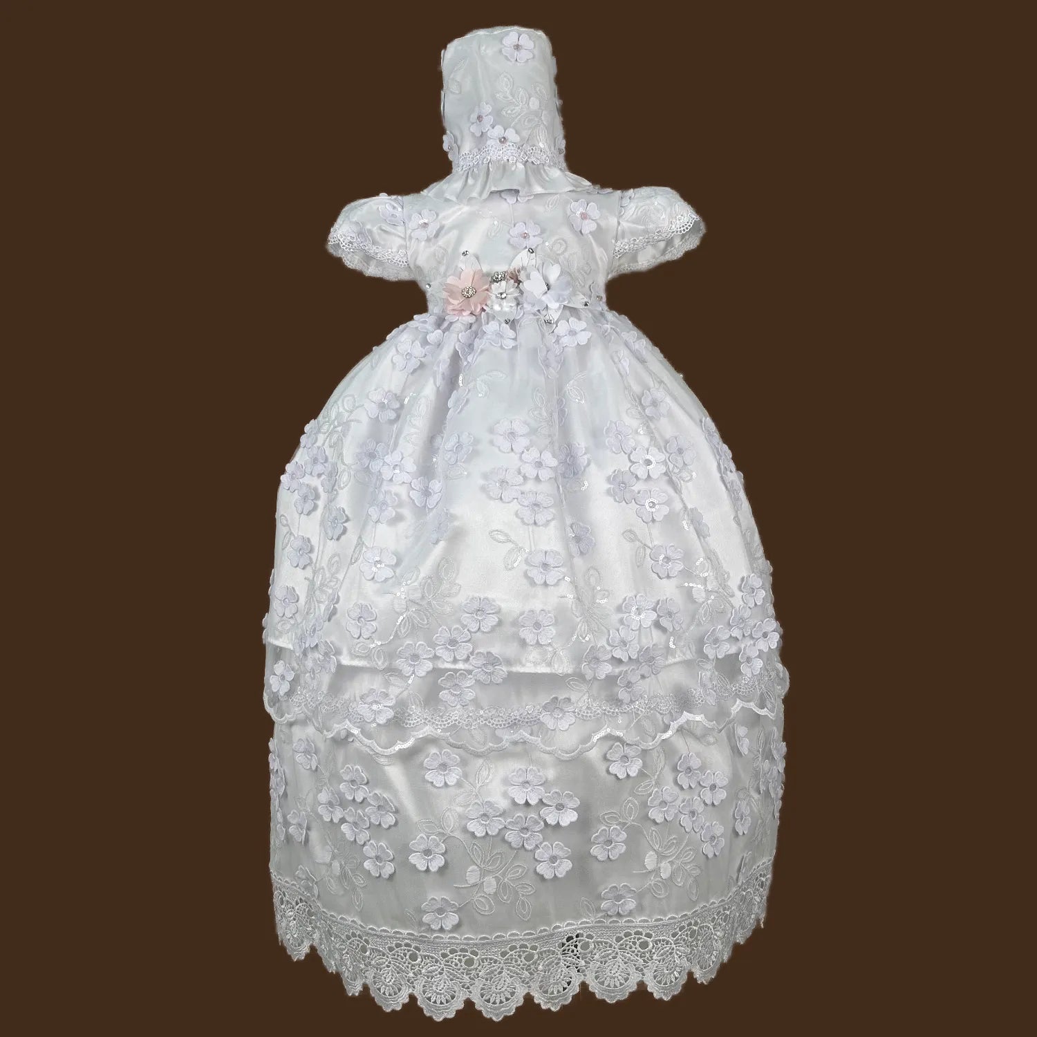 ropón de bautizo niña desmontable tafeta con flores appliqué pedrería artesanal y guipiur jb128m blanco