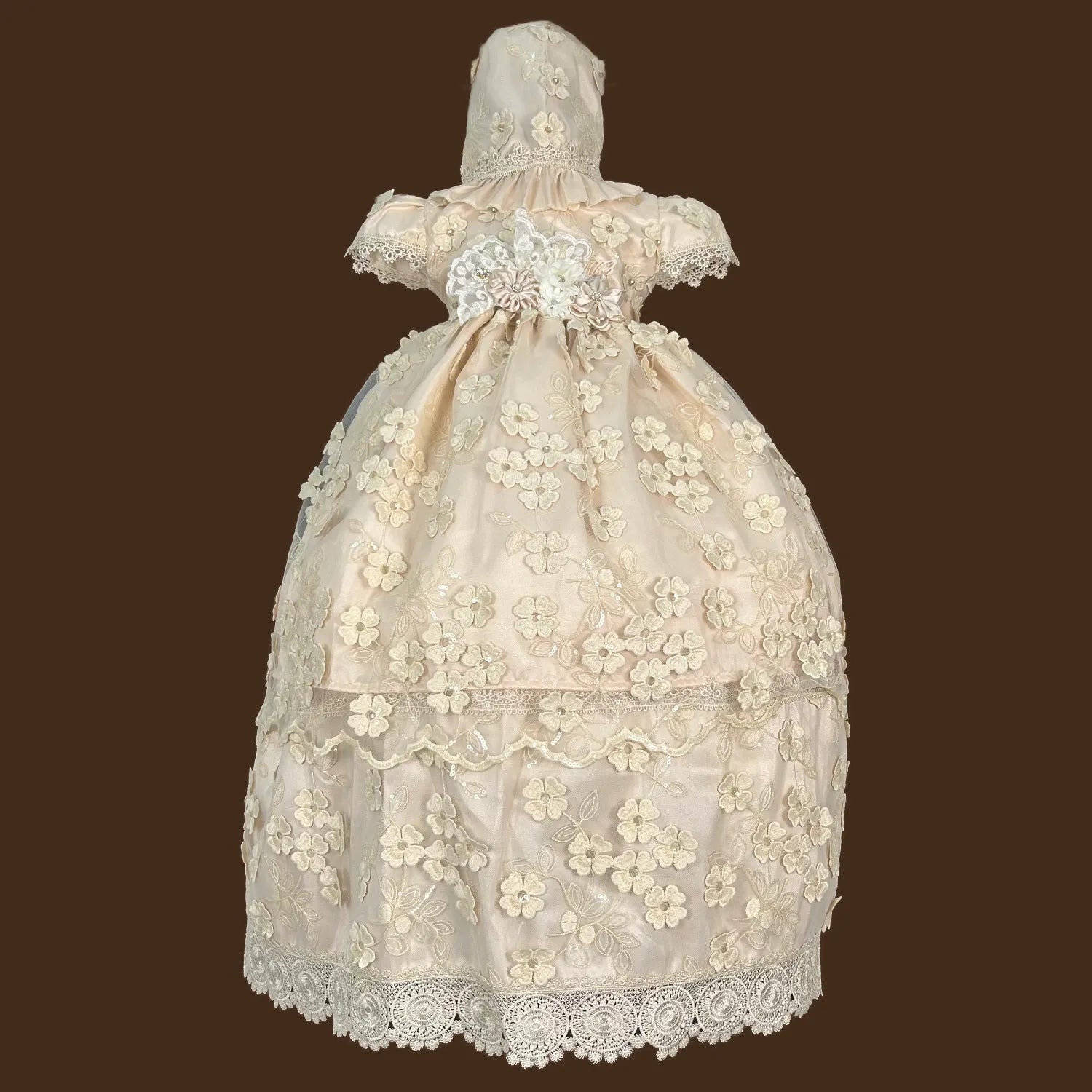 ropón de bautizo niña desmontable tafeta con flores appliqué pedrería artesanal y guipiur jb128m rosa