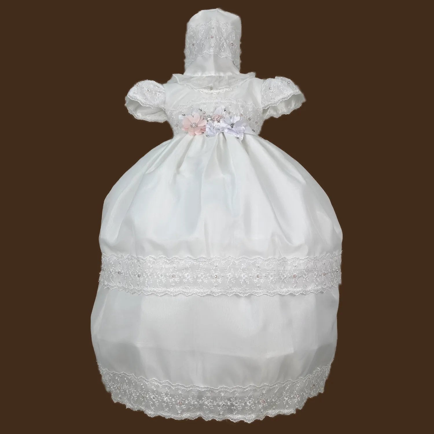 ropón de bautizo niña desmontable tergal francés con tiras bordadas perlas y pedrería elegante jb131m blanco