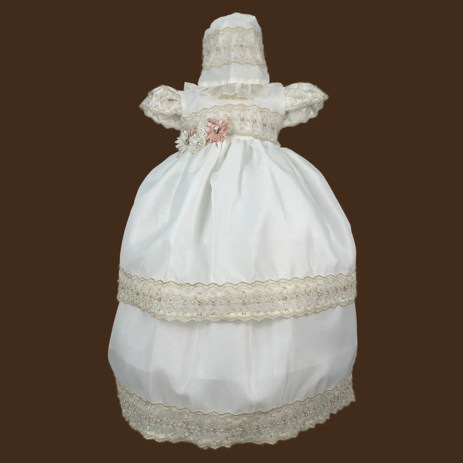 ropón de bautizo niña desmontable tergal francés con tiras bordadas perlas y pedrería elegante jb131m perla