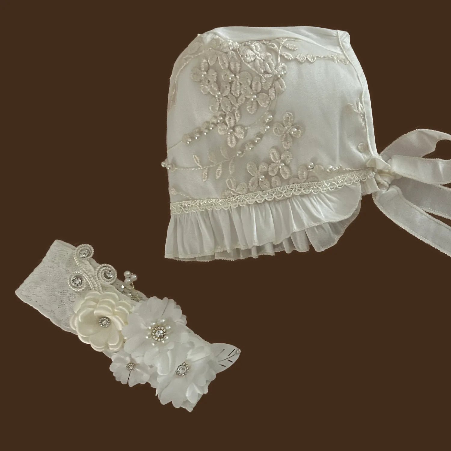 accesorios ropón bautizo niña gorro diadema adorno cintura guipiur medallones jb149m