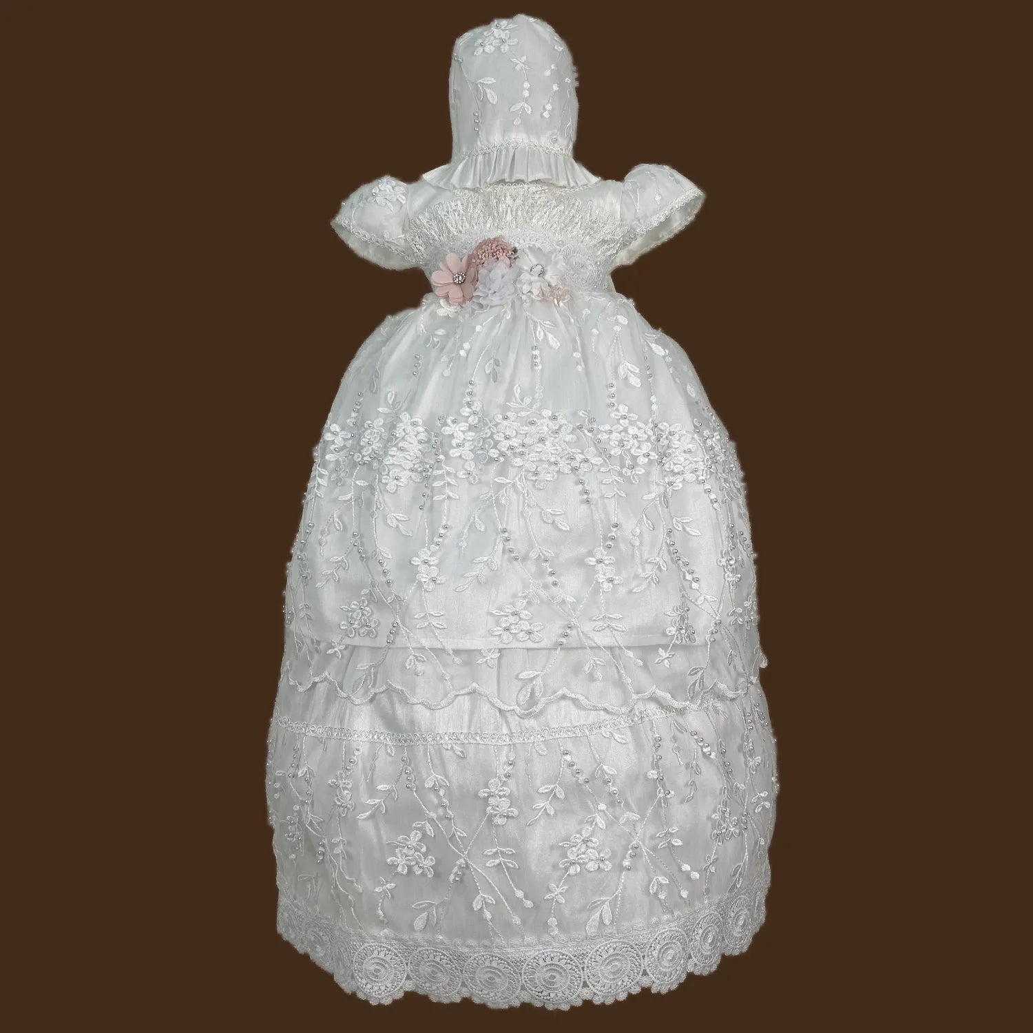 ropón de bautizo niña desmontable tul bordado fino ramajes pedrería artesanal guipiur medallones jb149m blanco