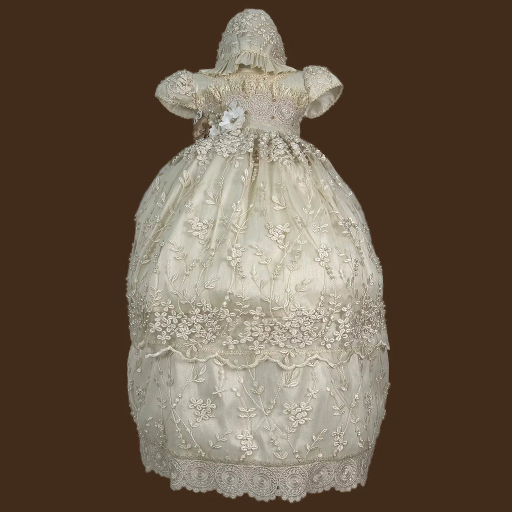 ropón de bautizo niña desmontable tul bordado fino ramajes pedrería artesanal guipiur medallones jb149m champagne