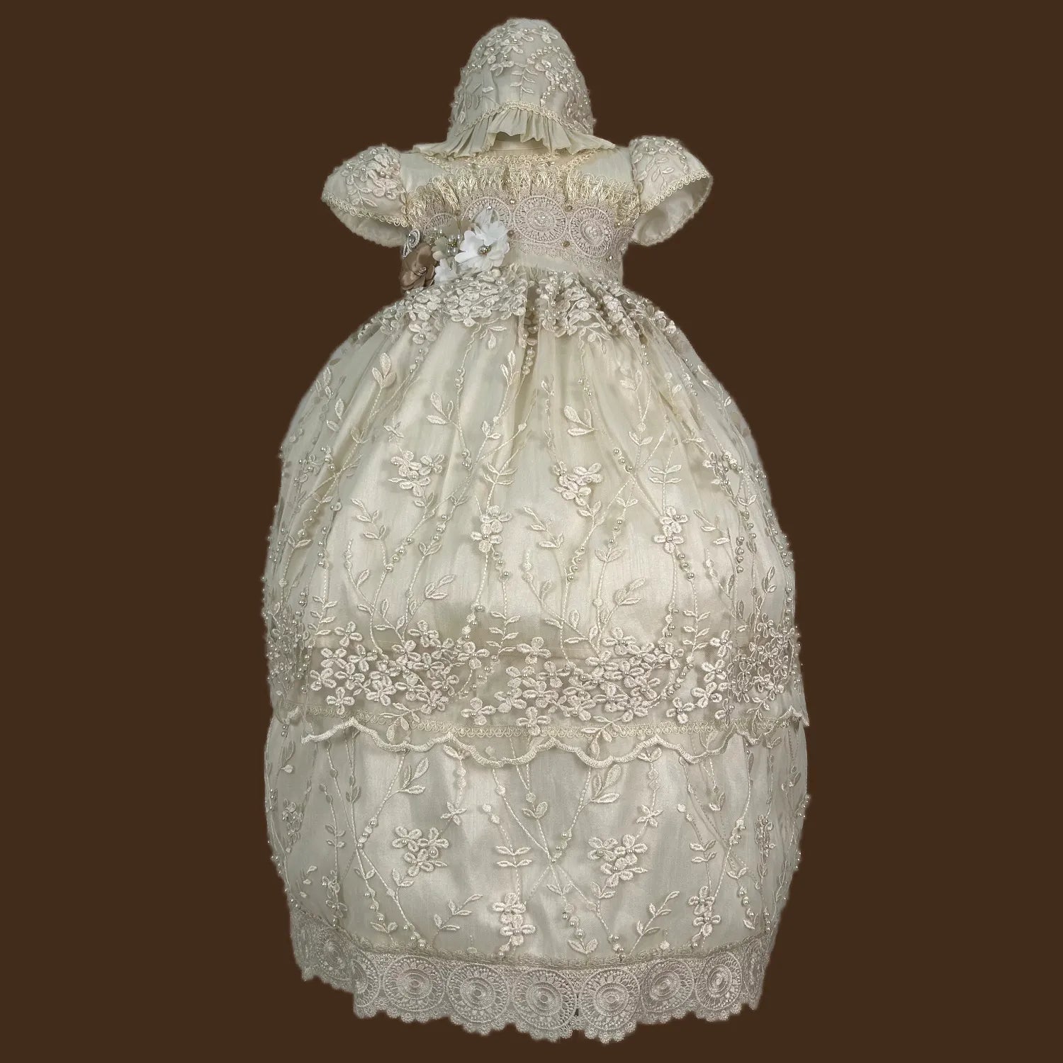 ropón de bautizo niña desmontable tul bordado fino ramajes pedrería artesanal guipiur medallones jb149m champagne