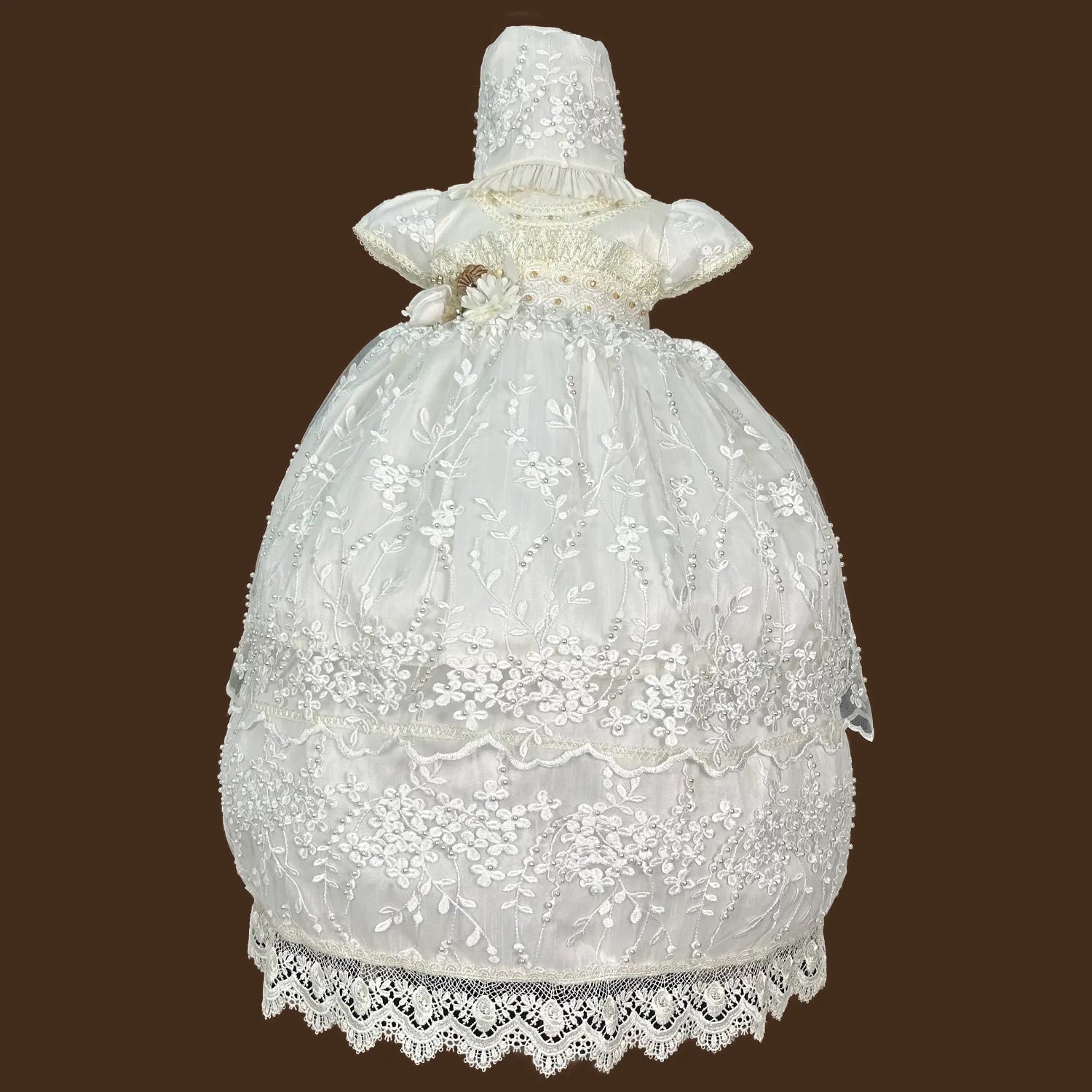ropón de bautizo niña desmontable tul bordado fino ramajes pedrería artesanal guipiur medallones jb149m perla