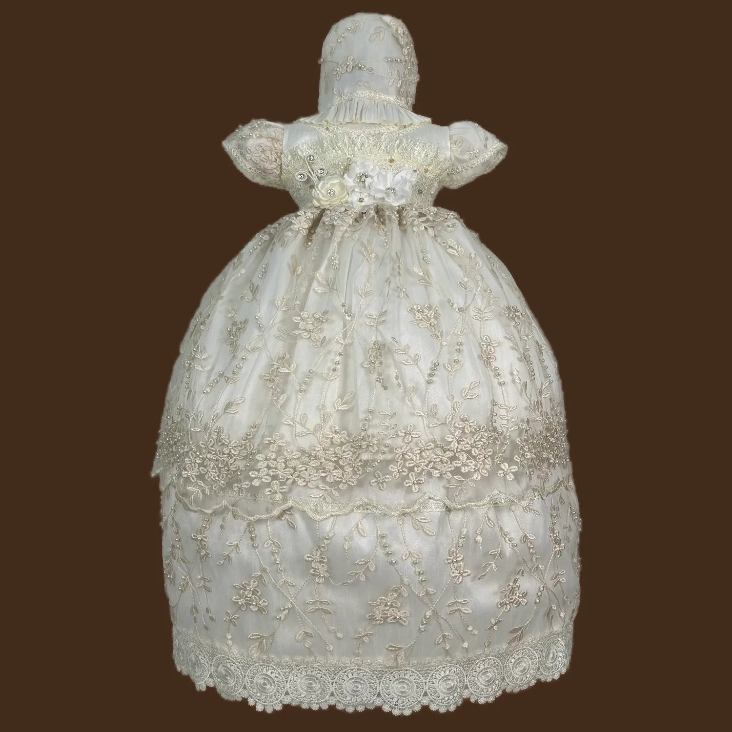 ropón de bautizo niña desmontable tul bordado fino ramajes pedrería artesanal guipiur medallones jb149m champagne perla