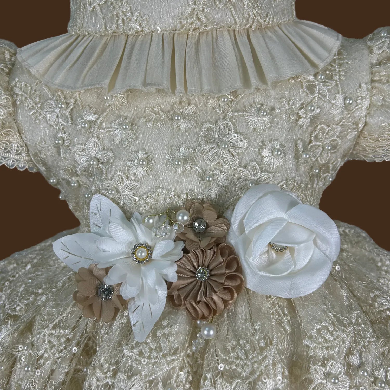 pechera ropón bautizo niña tul bordado patrón floral uniforme con perlas shantung jb120m
