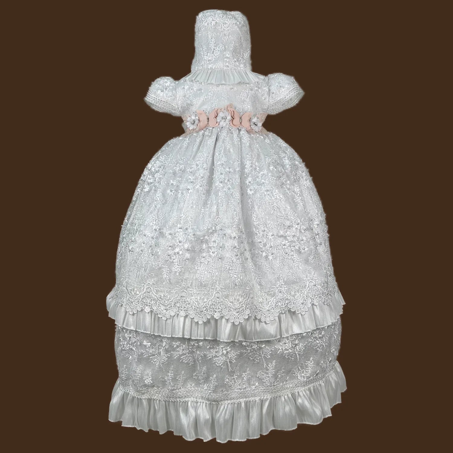 ropón de bautizo niña desmontable con tul floral y perlas resaltadas volantes escalonados jb120m blanco