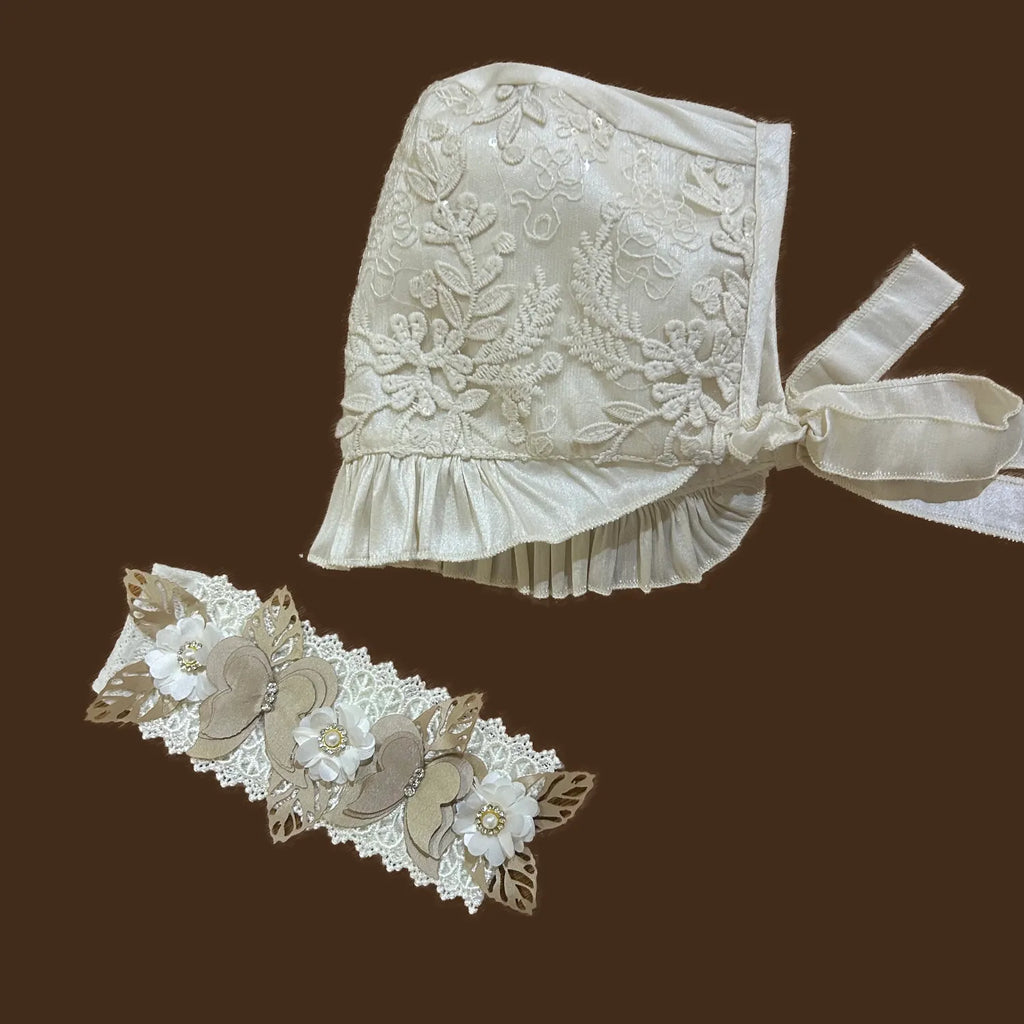 accesorios ropón bautizo niña gorro diadema adorno cintura tul hojas guipiur jb145m