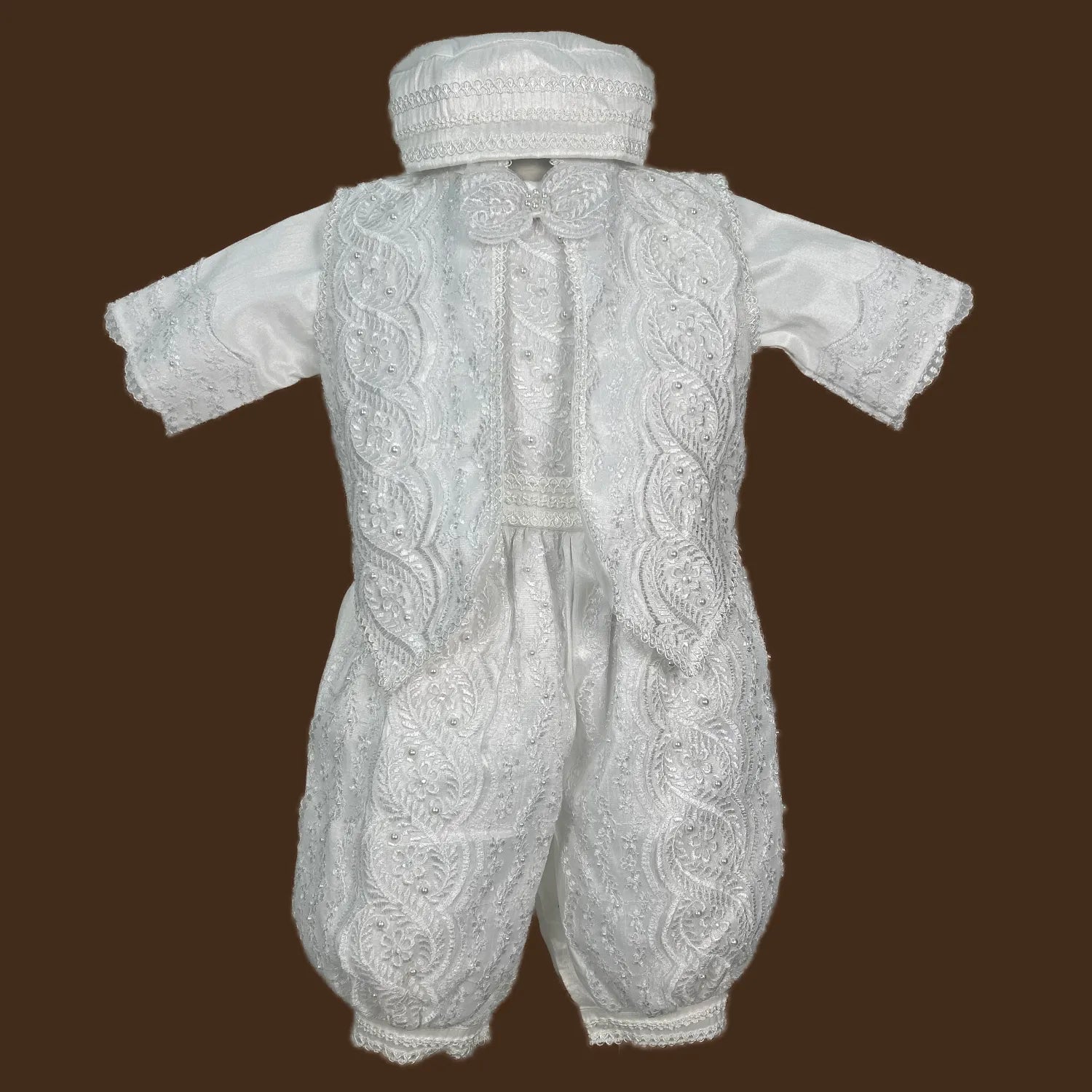 ropón de bautizo niño con chaleco perlas y pedrería bordada a mano conjunto completo jb1512h blanco