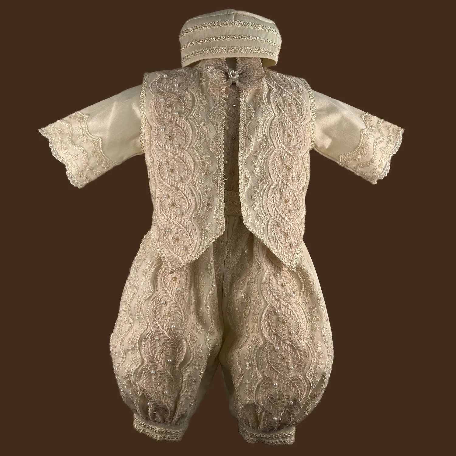 ropón de bautizo niño con chaleco perlas y pedrería bordada a mano conjunto completo jb1512h champagne
