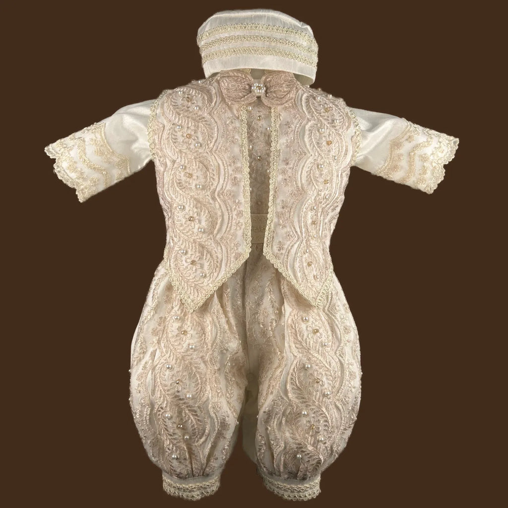 ropón de bautizo niño con chaleco perlas y pedrería bordada a mano conjunto completo jb1512h perla