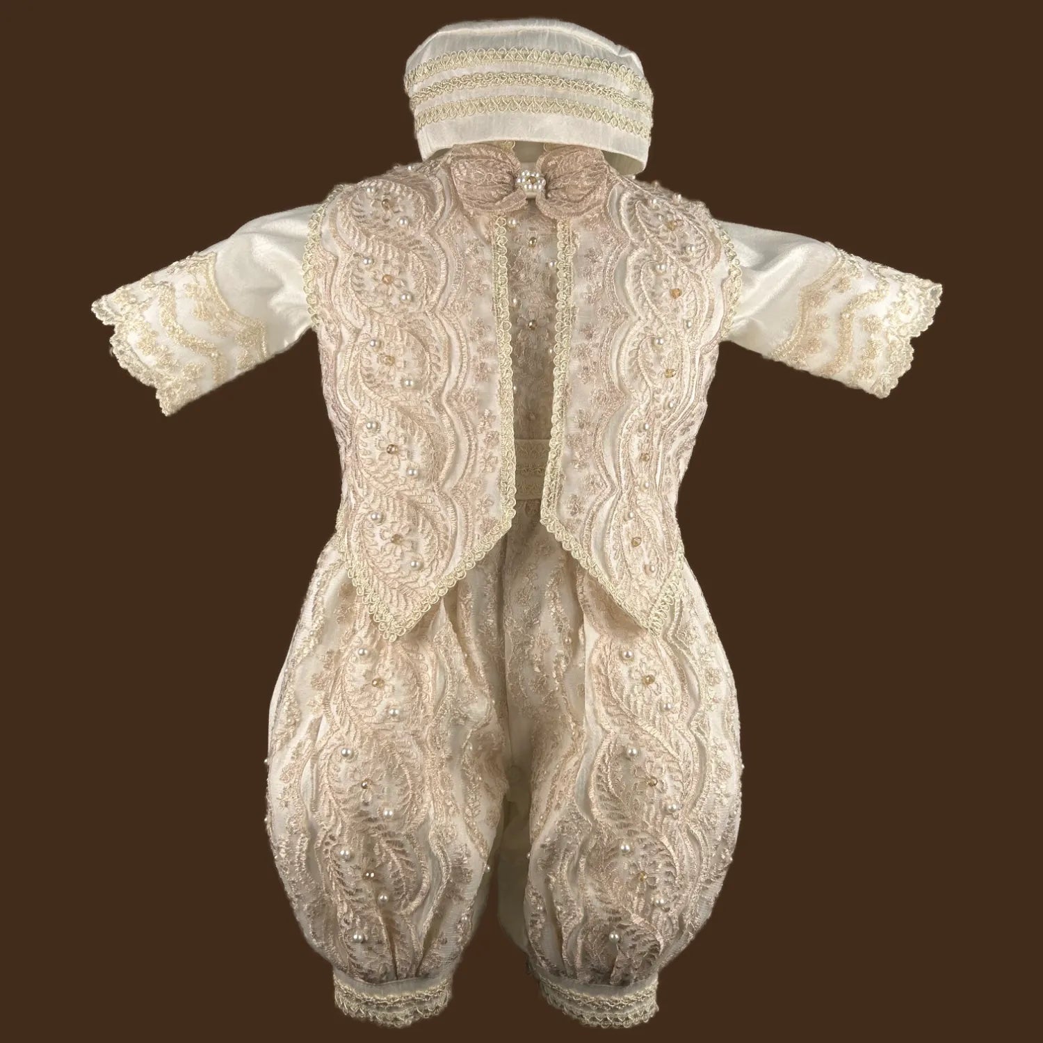 ropón de bautizo niño con chaleco perlas y pedrería bordada a mano conjunto completo jb1512h perla