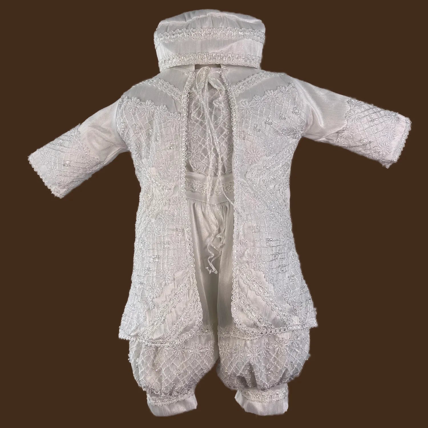 ropón de bautizo niño estilo príncipe con perlas y cristales bordados a mano conjunto completo jb1519h blanco