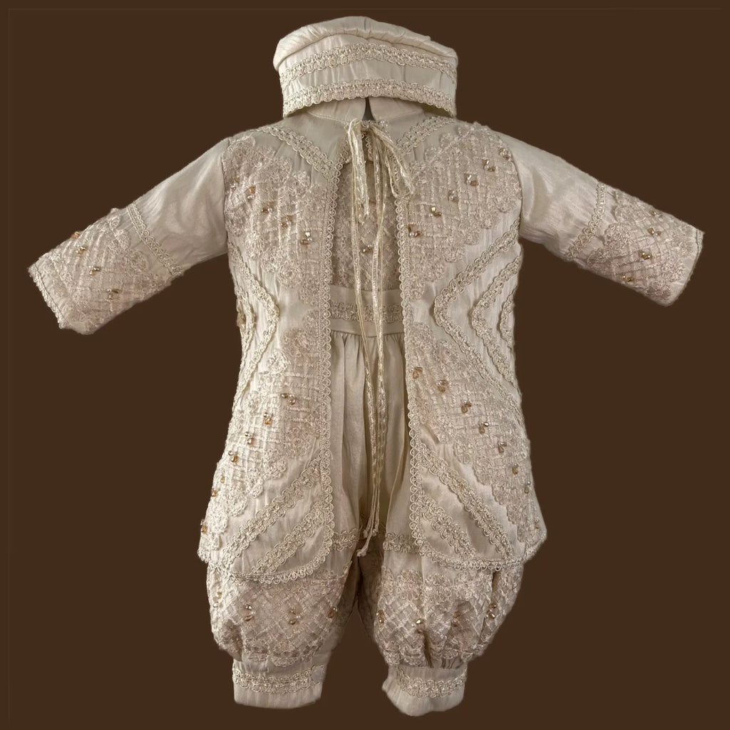 ropón de bautizo niño estilo príncipe con perlas y cristales bordados a mano conjunto completo jb1519h champagne