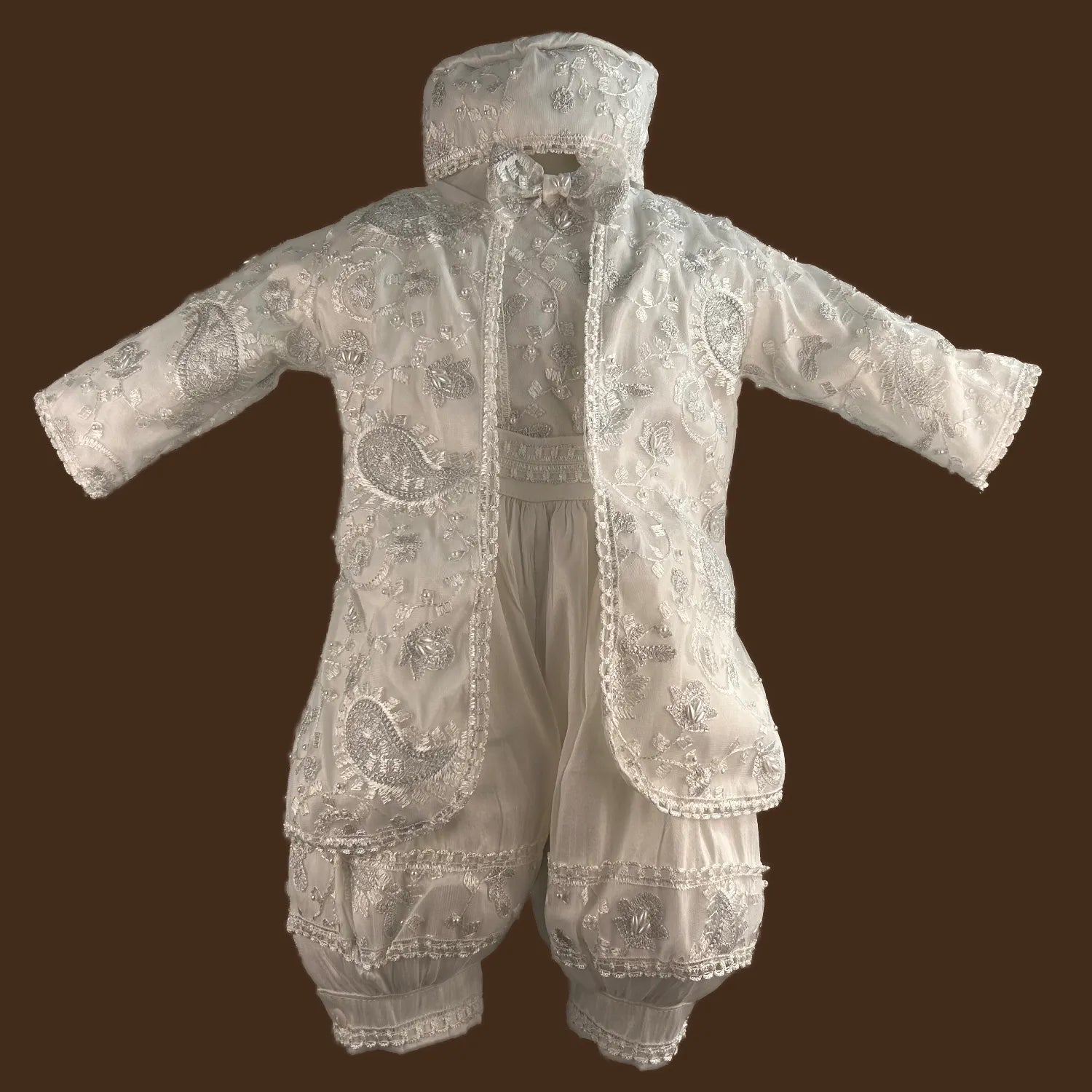 ropón de bautizo niño estilo príncipe con perlas bordadas a mano conjunto completo jb083h blanco