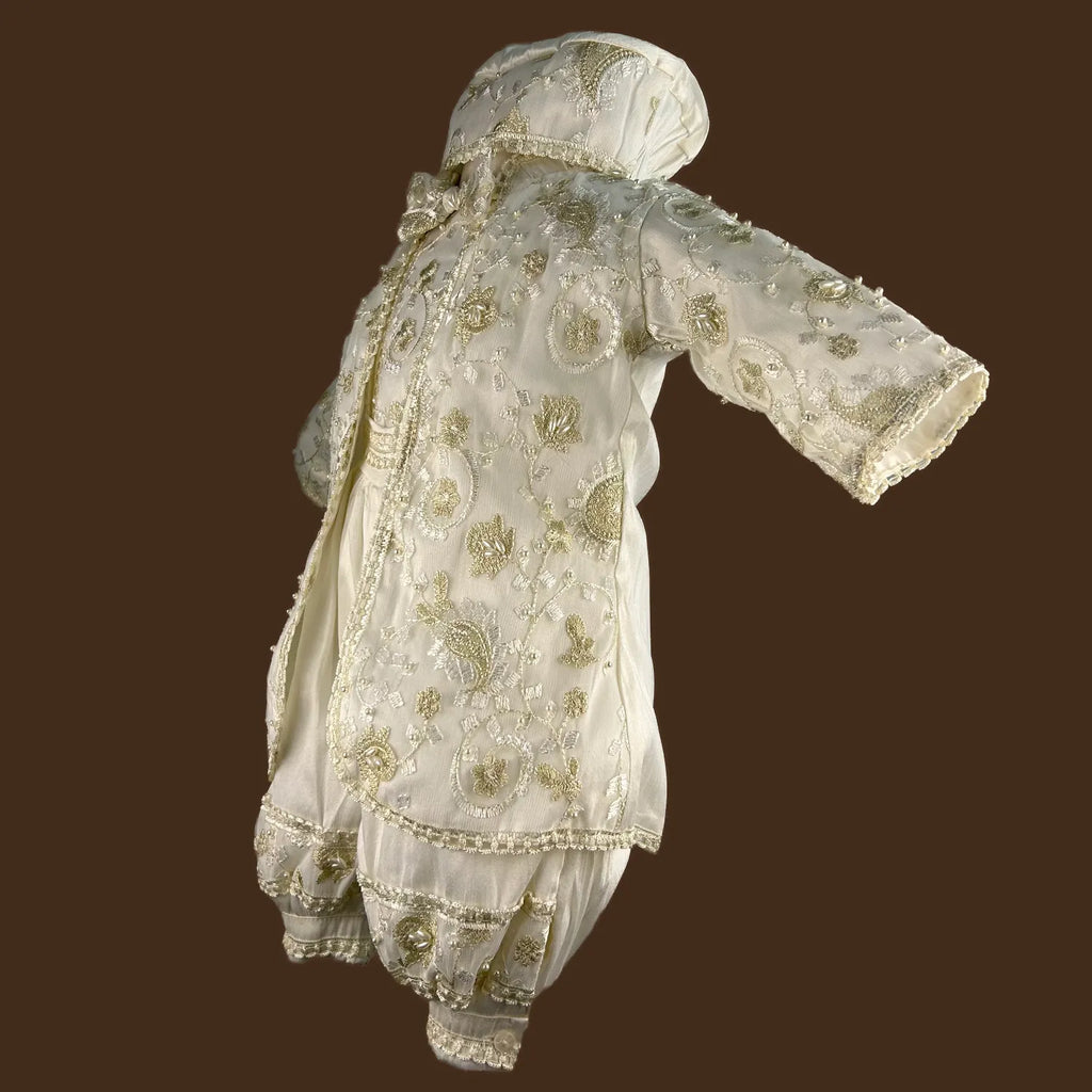 vista lateral ropón bautizo niño príncipe shantung poliéster con perlas artesanal jb083h